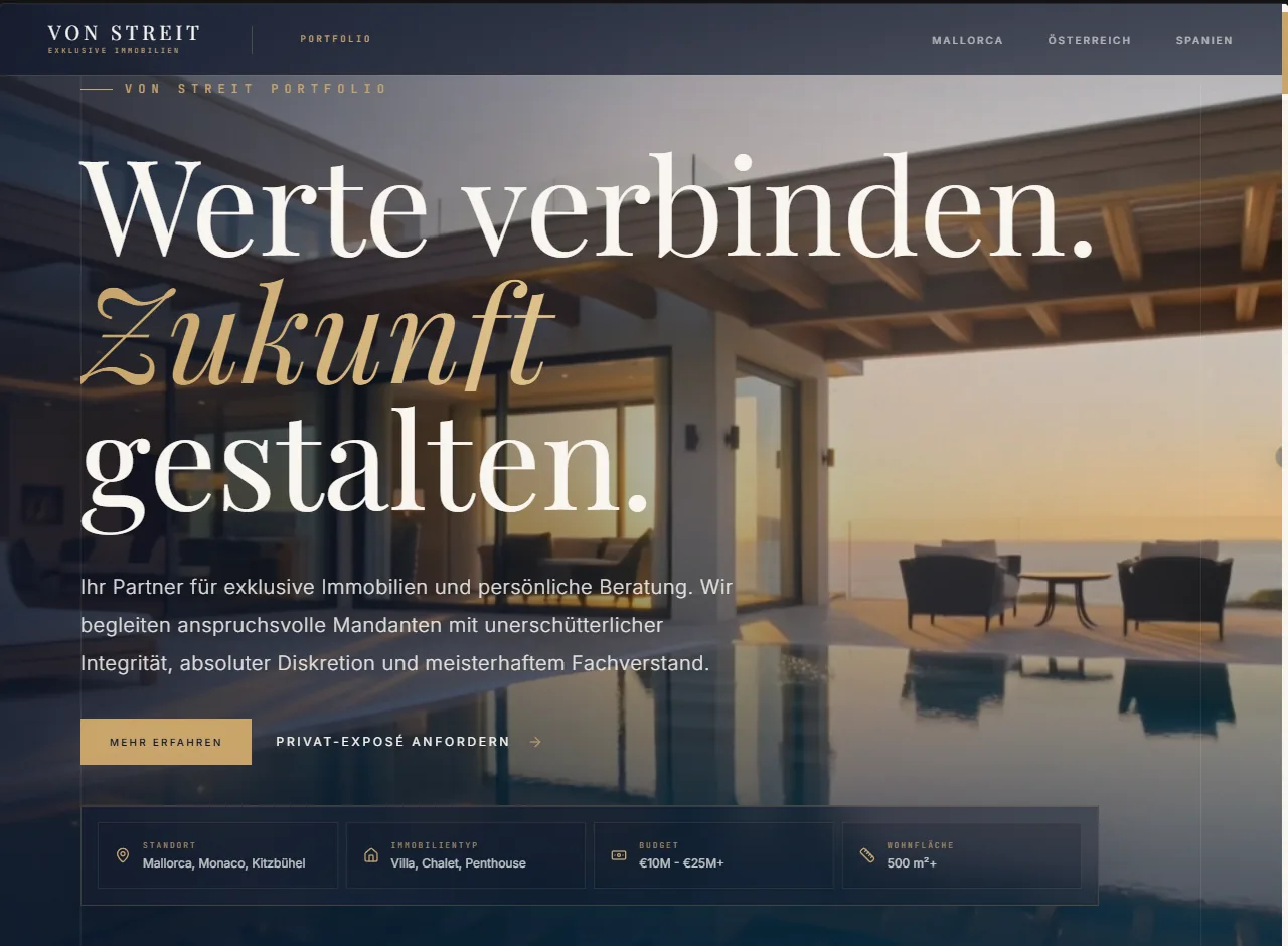 Hero-Bereich der Website Von Streit Exklusive Immobilien