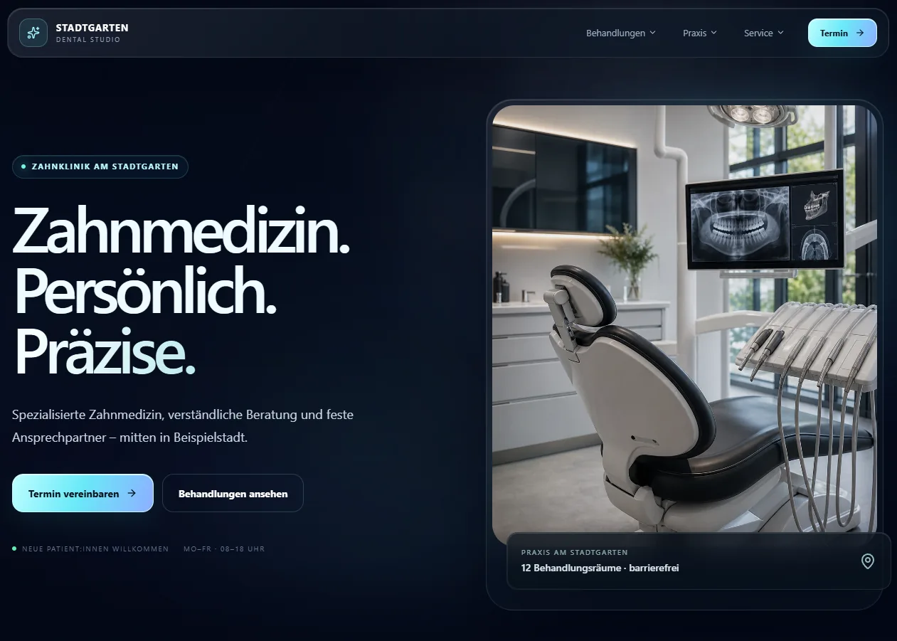 Hero-Bereich der Website Zahnarztpraxis Lächeln
